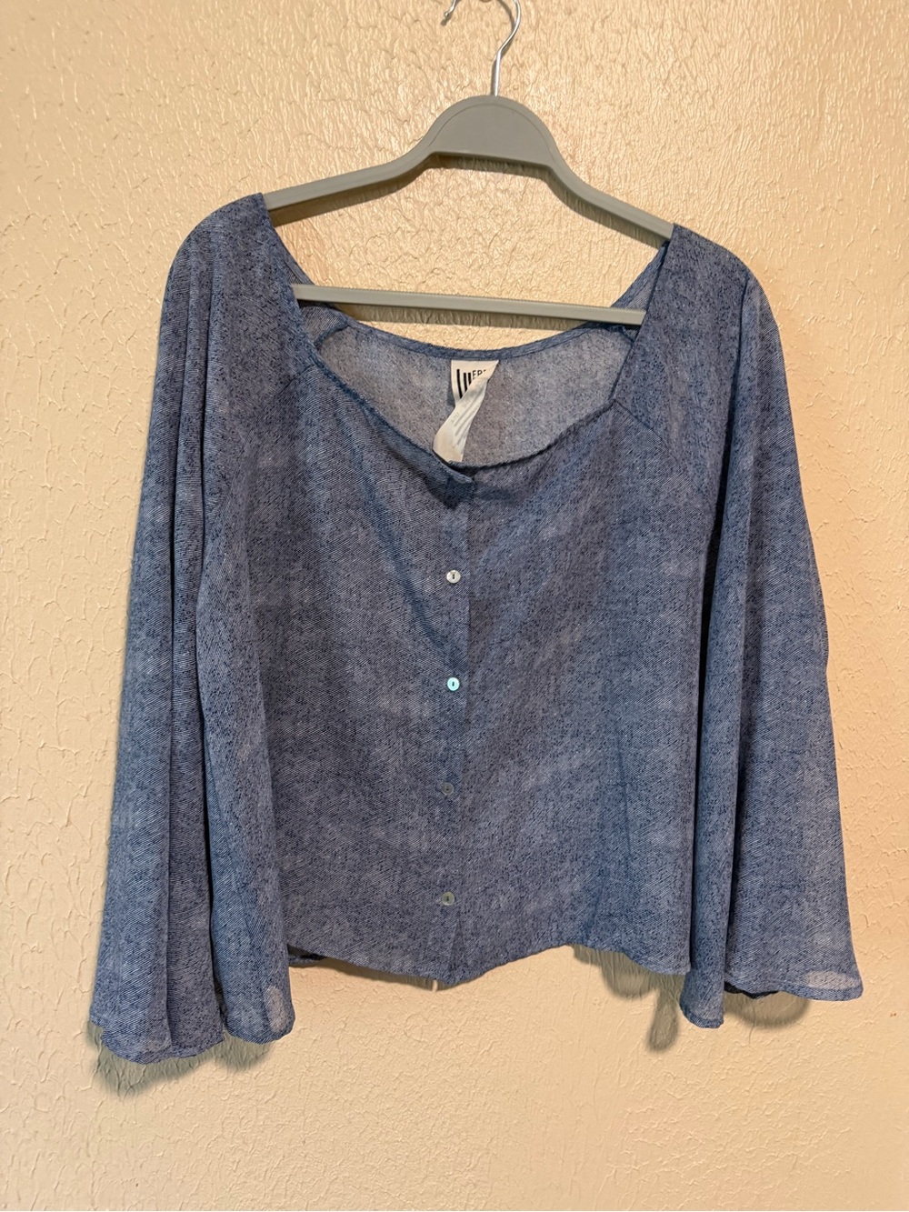 Free People Sheer Cropped Top Size Large Button Front Wide Sleeves